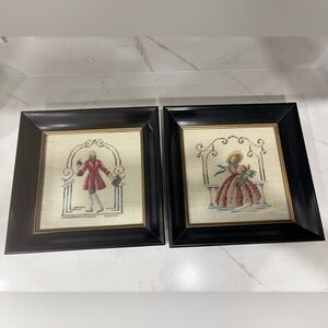 Pair of Vintage Framed Needlepoint Art Colonial Man & Woman Black Frames 1951